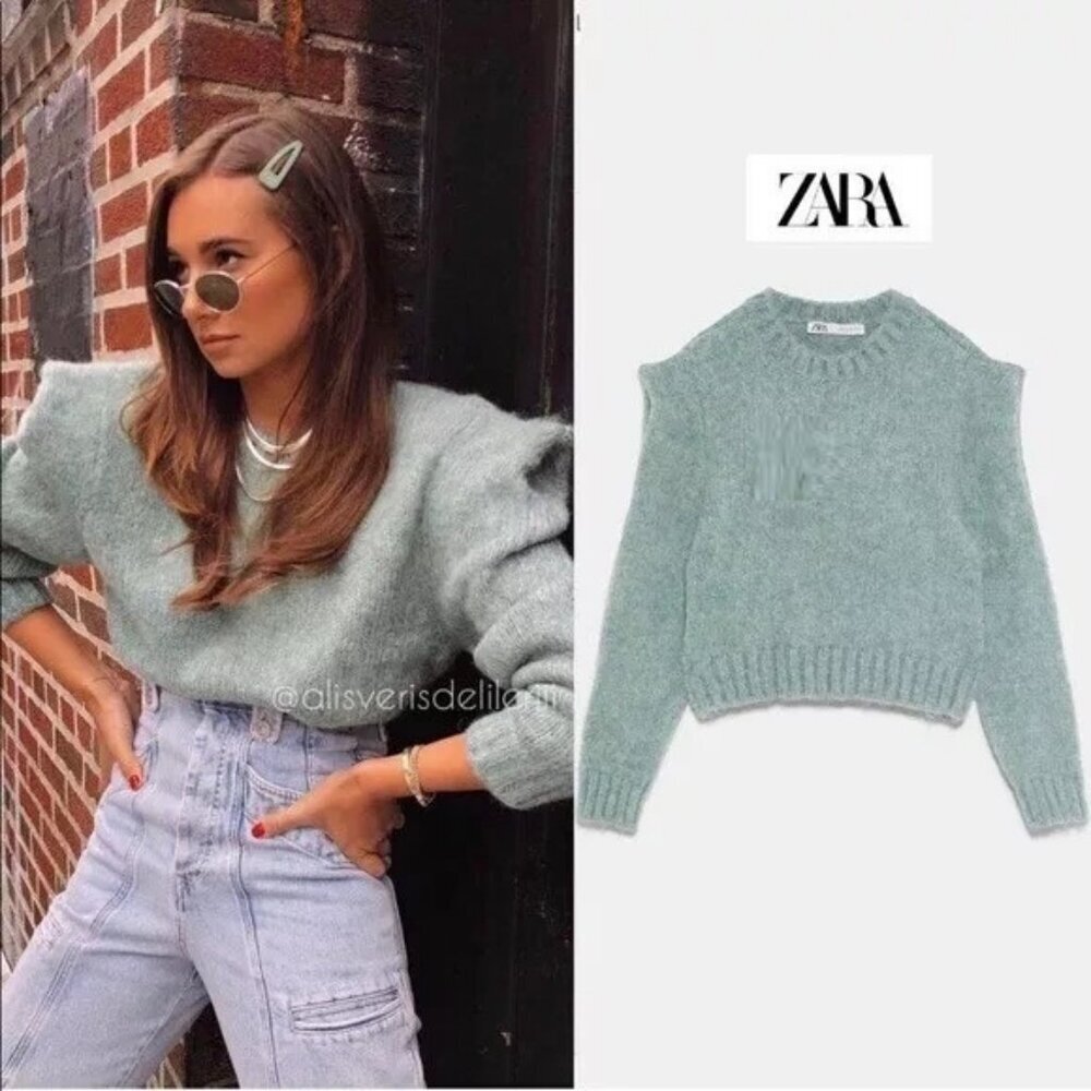 NWT New Zara Blogger Favorite Sage Shoulder Detail Sweater Size S